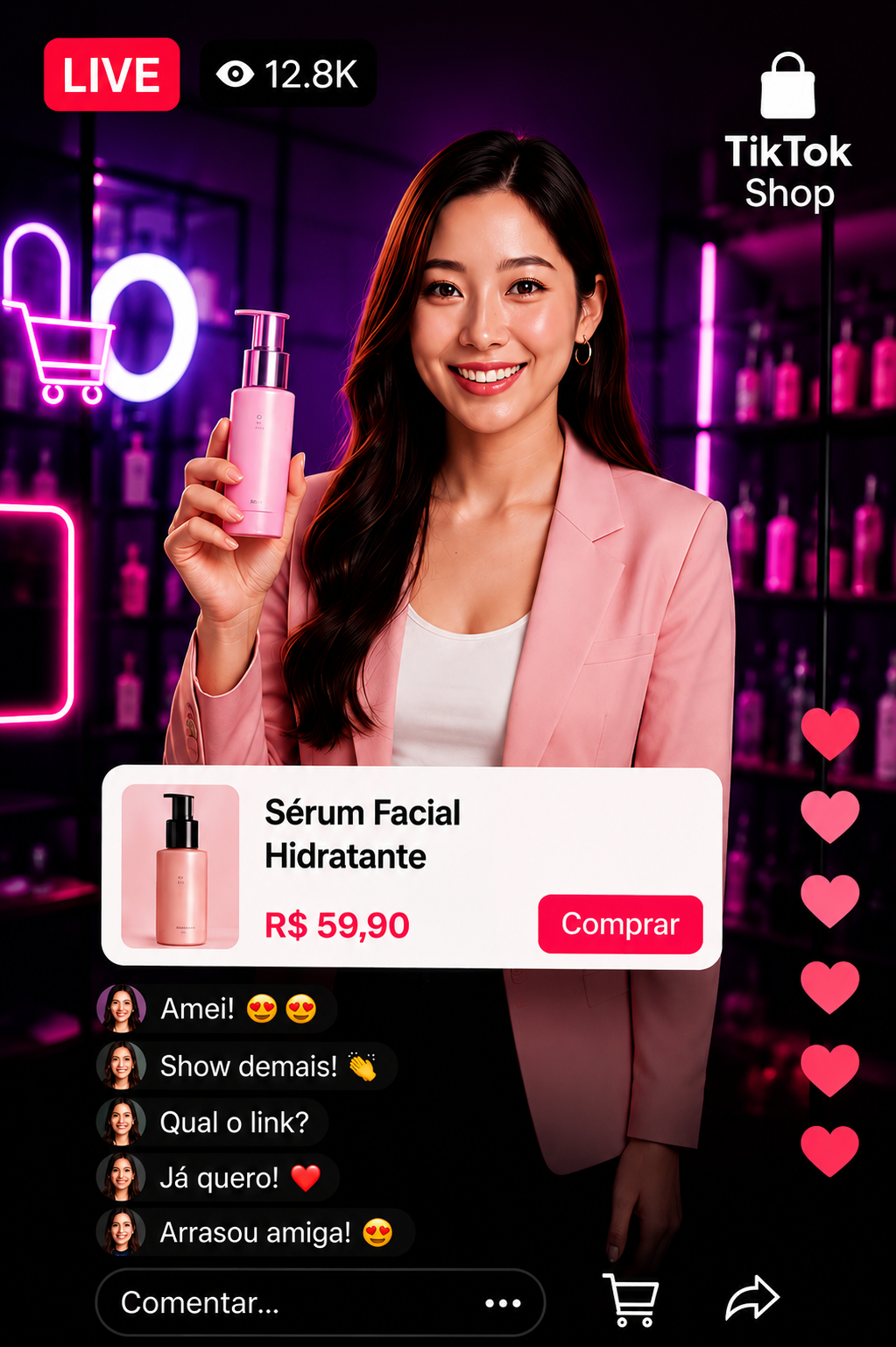 Demonstração de live no TikTok Shop